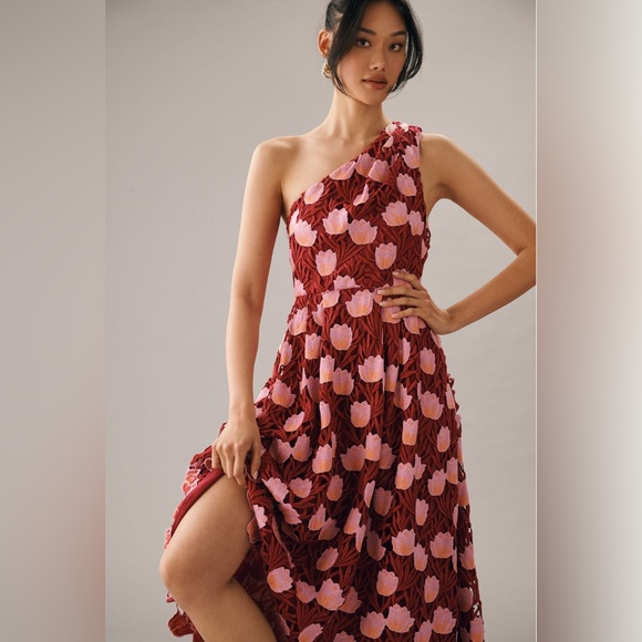 Anthropologie Dresses & Skirts - Rare! Anthro Maeve One-Shoulder Tea Dress Floral Embroidered Red Pink Size 6 New